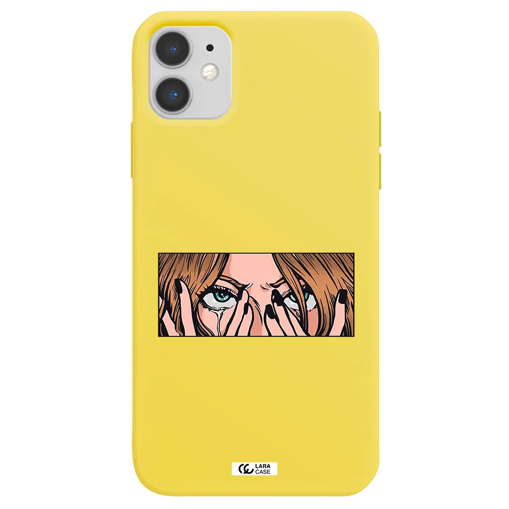 a cartoon of a woman holding her eyes Apple iPhone 11 Silicone canary yellow Case