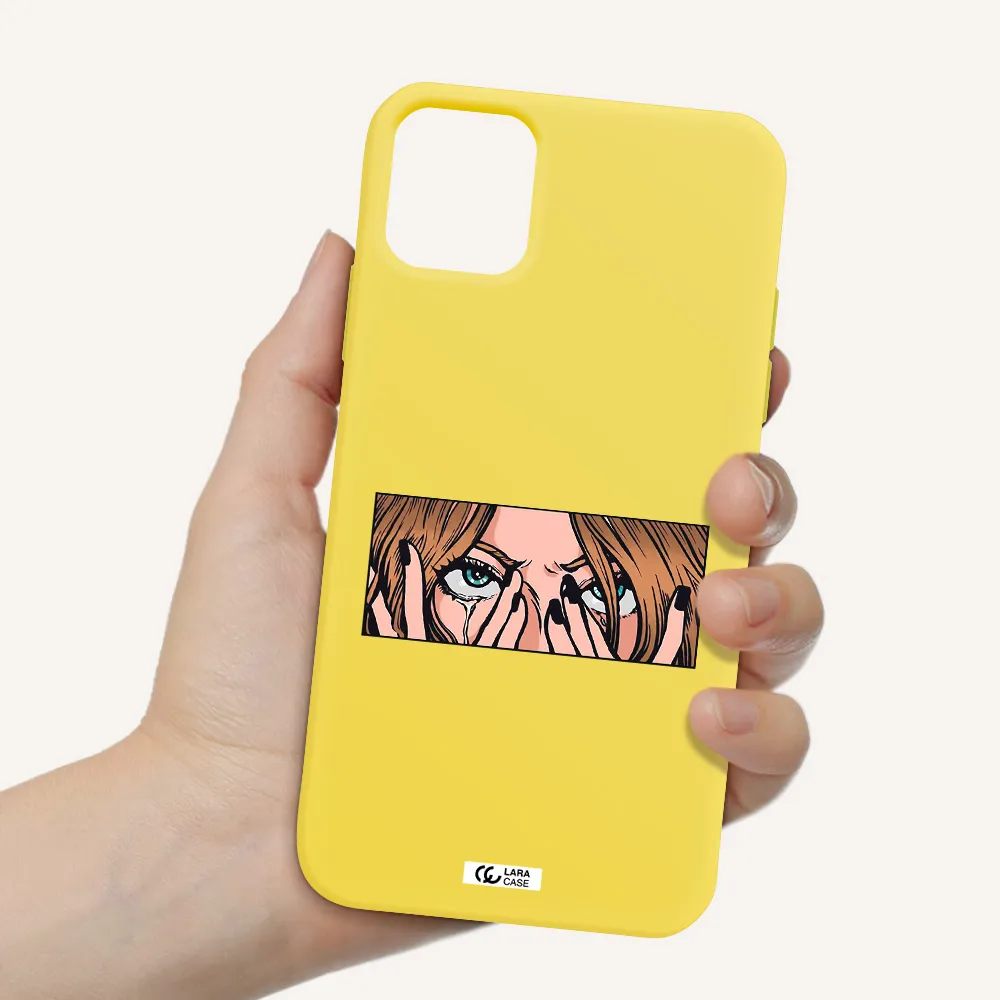 a cartoon of a woman holding her eyes Apple iPhone 11 Silicone canary yellow Case