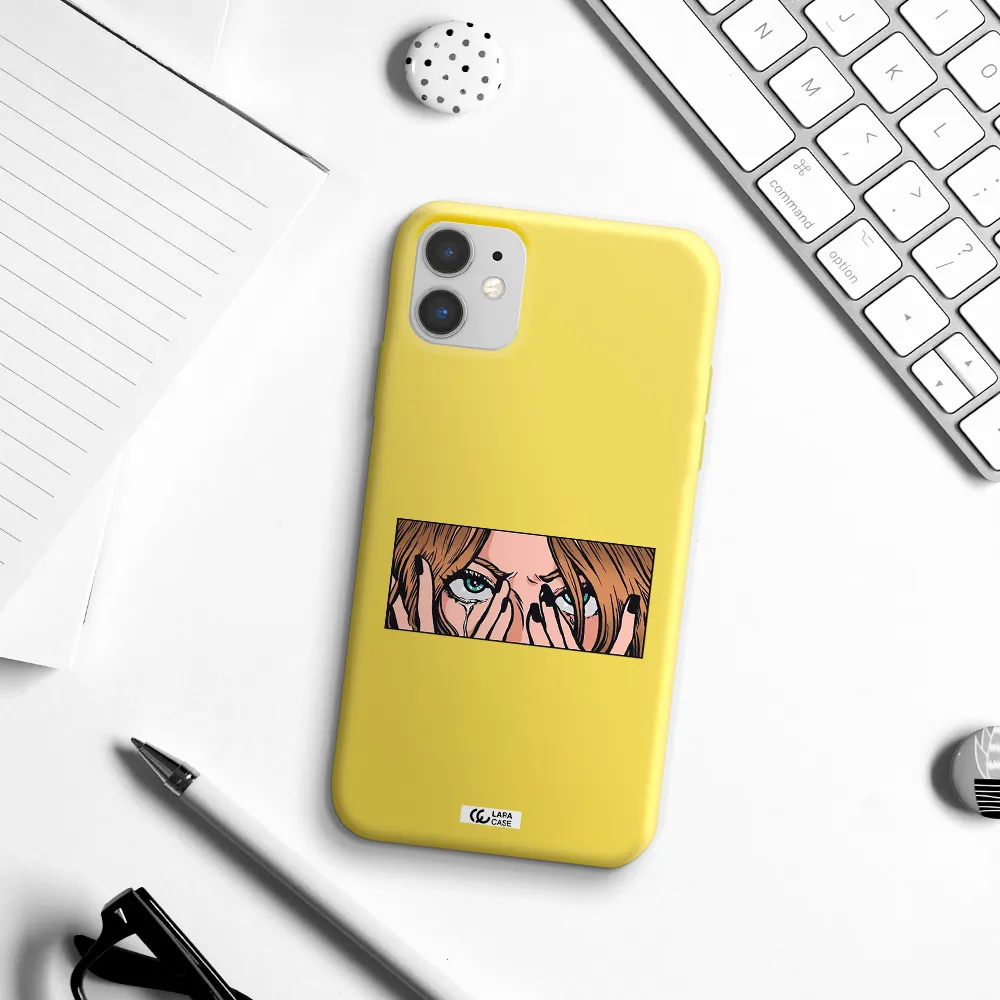 a cartoon of a woman holding her eyes Apple iPhone 11 Silicone canary yellow Case