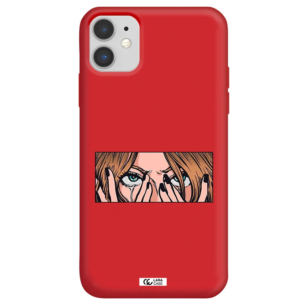 a cartoon of a woman holding her eyes Apple iPhone 11 Silicone Imperial Red Case