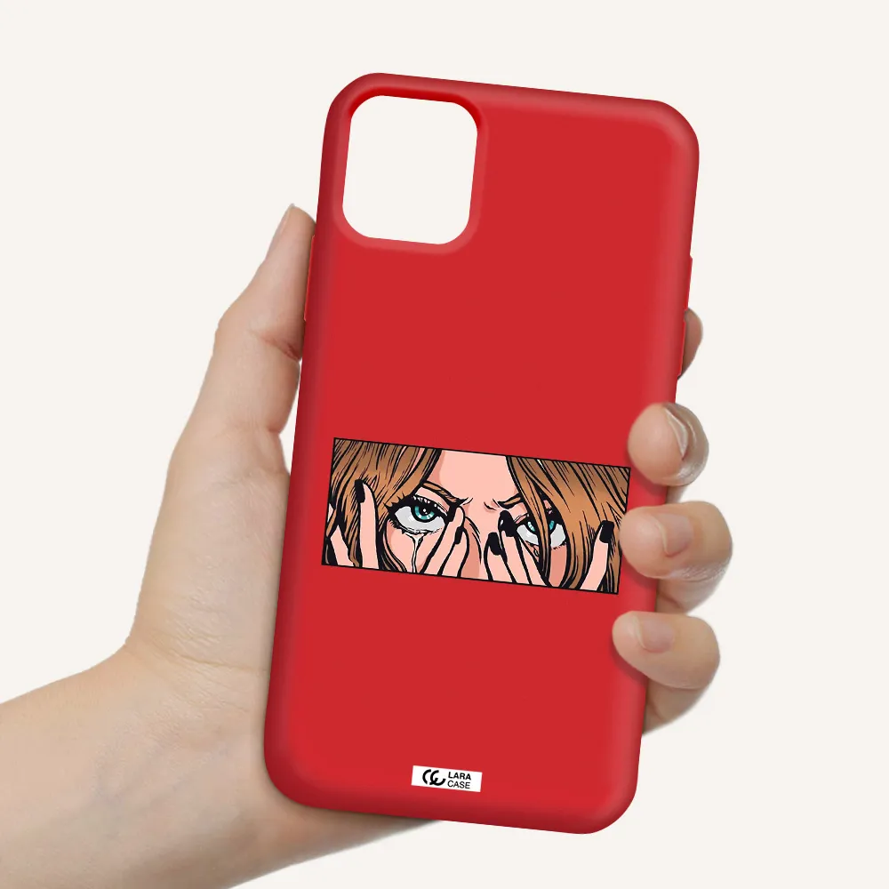 a cartoon of a woman holding her eyes Apple iPhone 11 Silicone Imperial Red Case