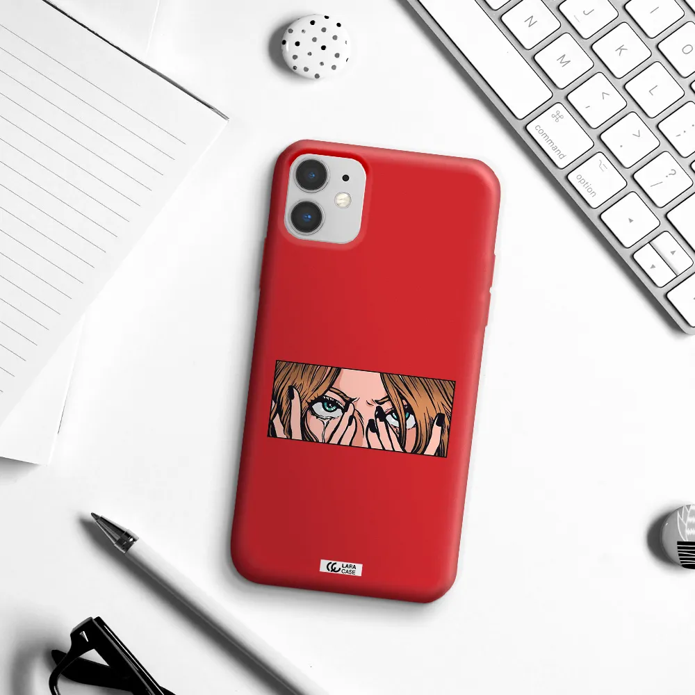 a cartoon of a woman holding her eyes Apple iPhone 11 Silicone Imperial Red Case