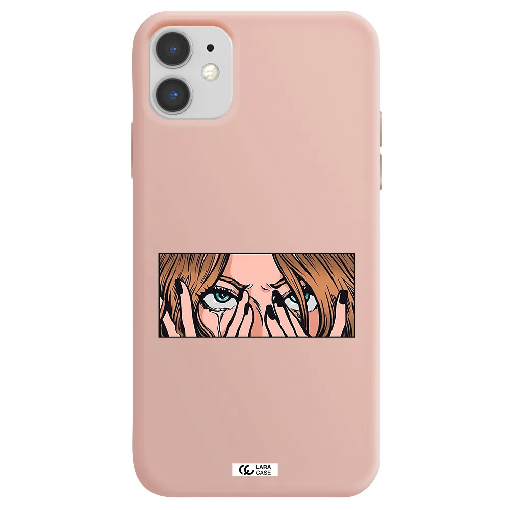 a cartoon of a woman holding her eyes Apple iPhone 11 Silicone pastel pink Case