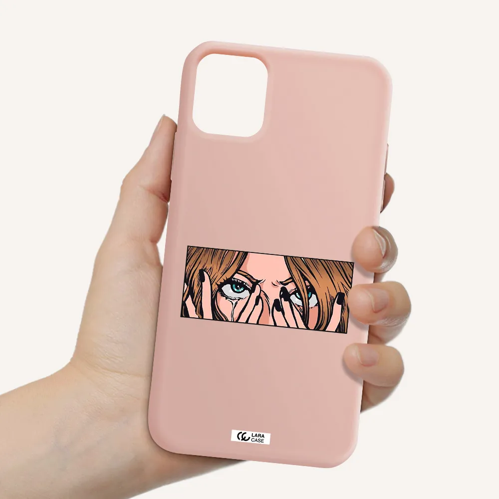 a cartoon of a woman holding her eyes Apple iPhone 11 Silicone pastel pink Case