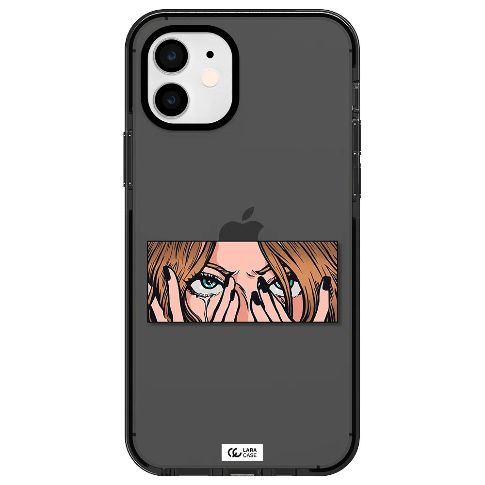 a cartoon of a woman holding her eyes Apple iPhone 12 impact Smoke Black Case