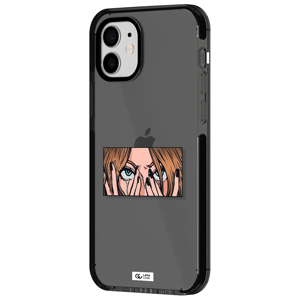 a cartoon of a woman holding her eyes Apple iPhone 12 impact Smoke Black Case