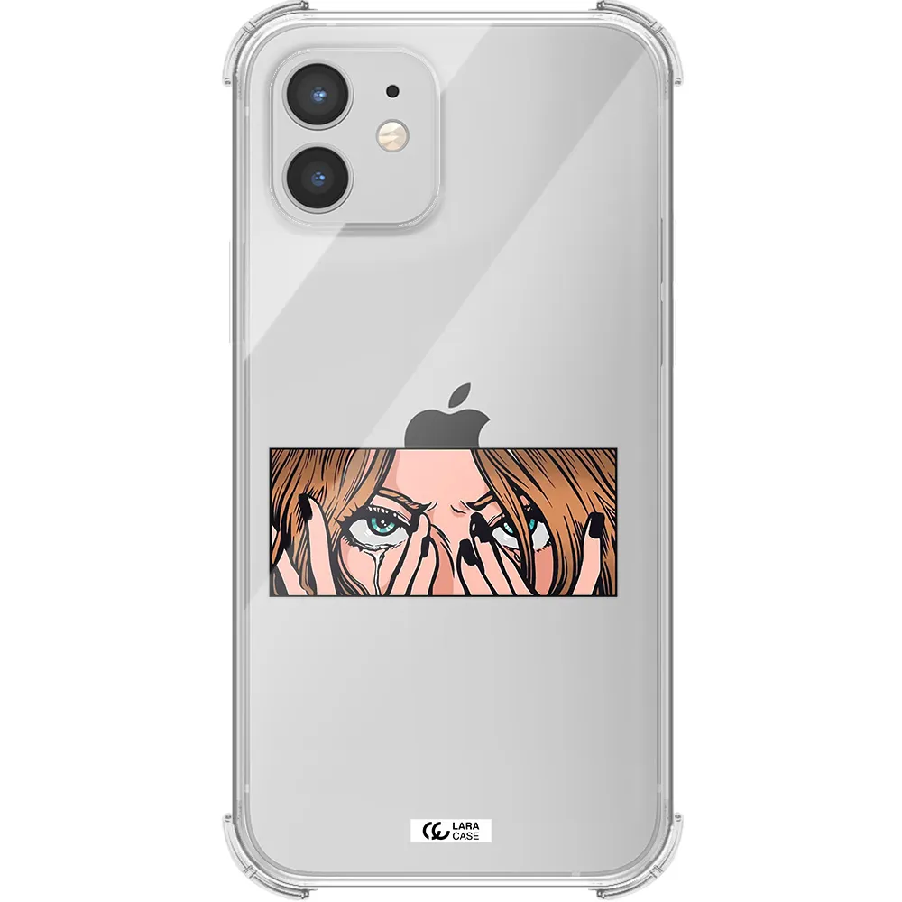 a cartoon of a woman holding her eyes Apple iPhone 12 mini Clear PC Case