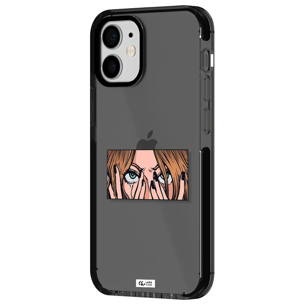 a cartoon of a woman holding her eyes Apple iPhone 12 mini impact Smoke Black Case