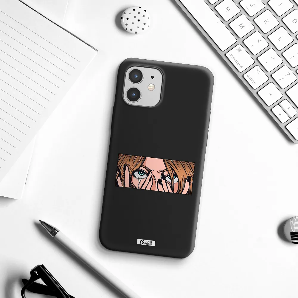 a cartoon of a woman holding her eyes Apple iPhone 12 mini Silicone black Case