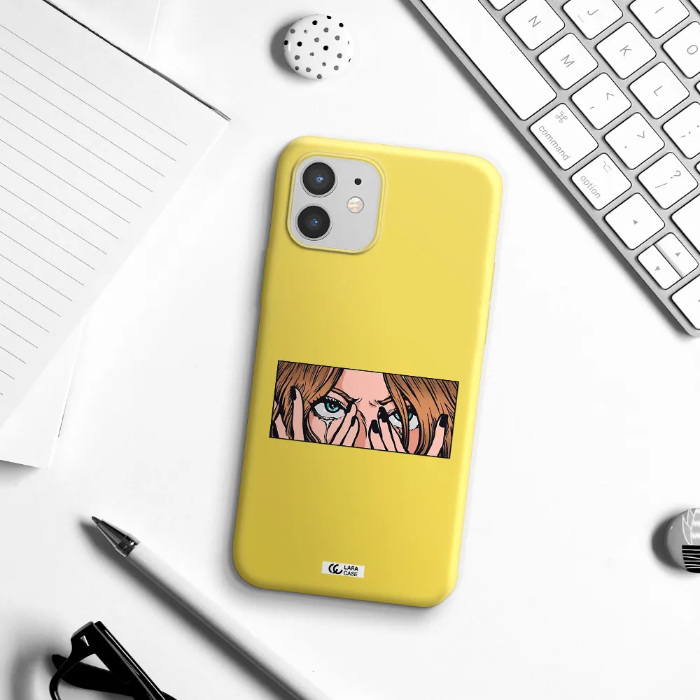 a cartoon of a woman holding her eyes Apple iPhone 12 mini Silicone canary yellow Case
