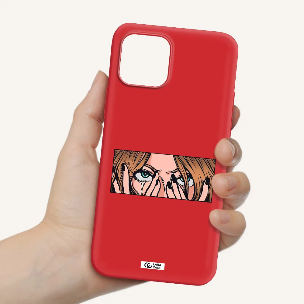 a cartoon of a woman holding her eyes Apple iPhone 12 mini Silicone Imperial Red Case