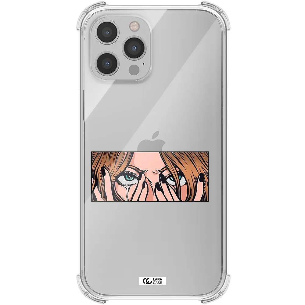 a cartoon of a woman holding her eyes Apple iPhone 12 pro Clear PC Case