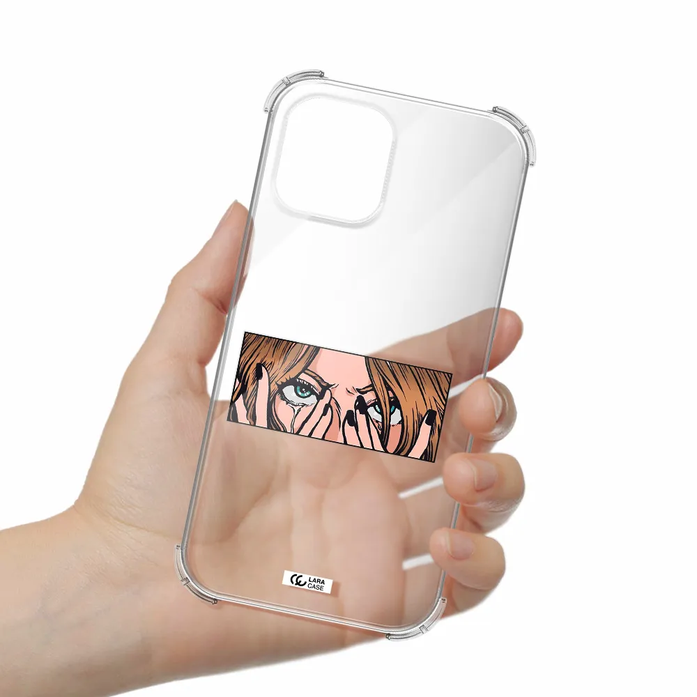 a cartoon of a woman holding her eyes Apple iPhone 12 pro Clear PC Case