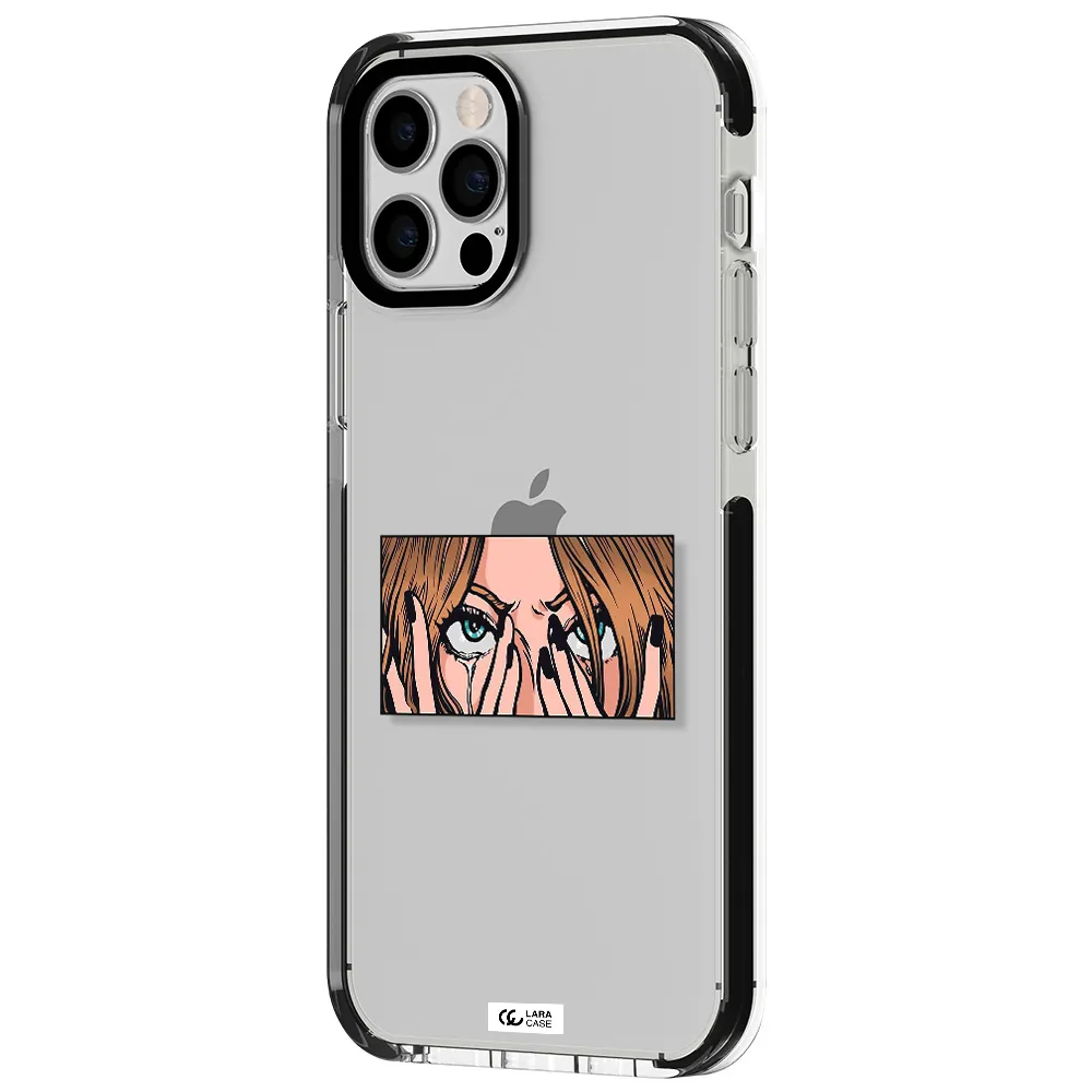 a cartoon of a woman holding her eyes Apple iPhone 12 pro impact black border Case