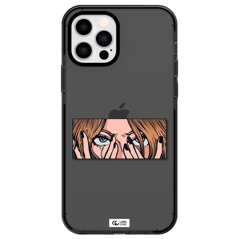 a cartoon of a woman holding her eyes Apple iPhone 12 pro impact Smoke Black Case