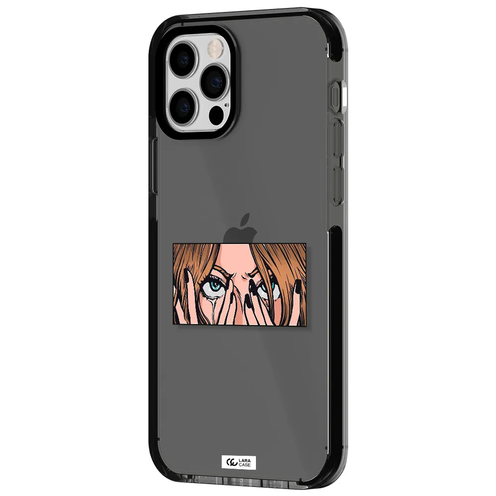 a cartoon of a woman holding her eyes Apple iPhone 12 pro impact Smoke Black Case