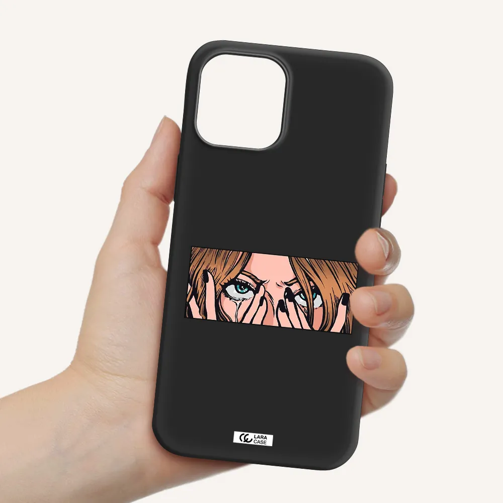 a cartoon of a woman holding her eyes Apple iPhone 12 pro max Silicone black Case