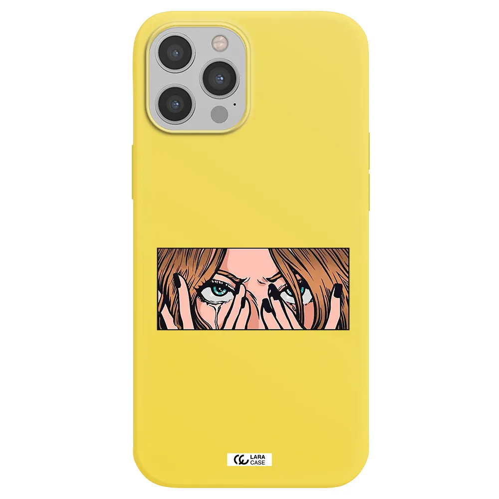 a cartoon of a woman holding her eyes Apple iPhone 12 pro max Silicone canary yellow Case