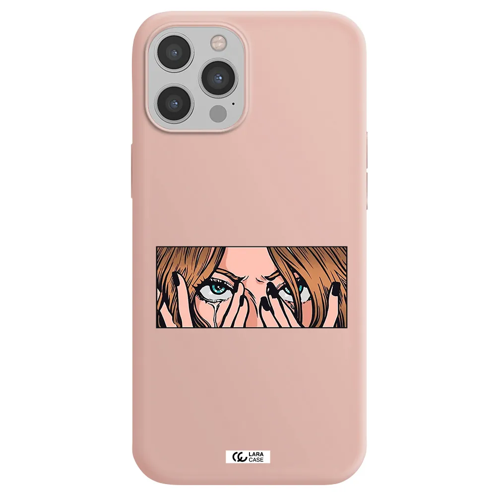 a cartoon of a woman holding her eyes Apple iPhone 12 pro max Silicone pastel pink Case