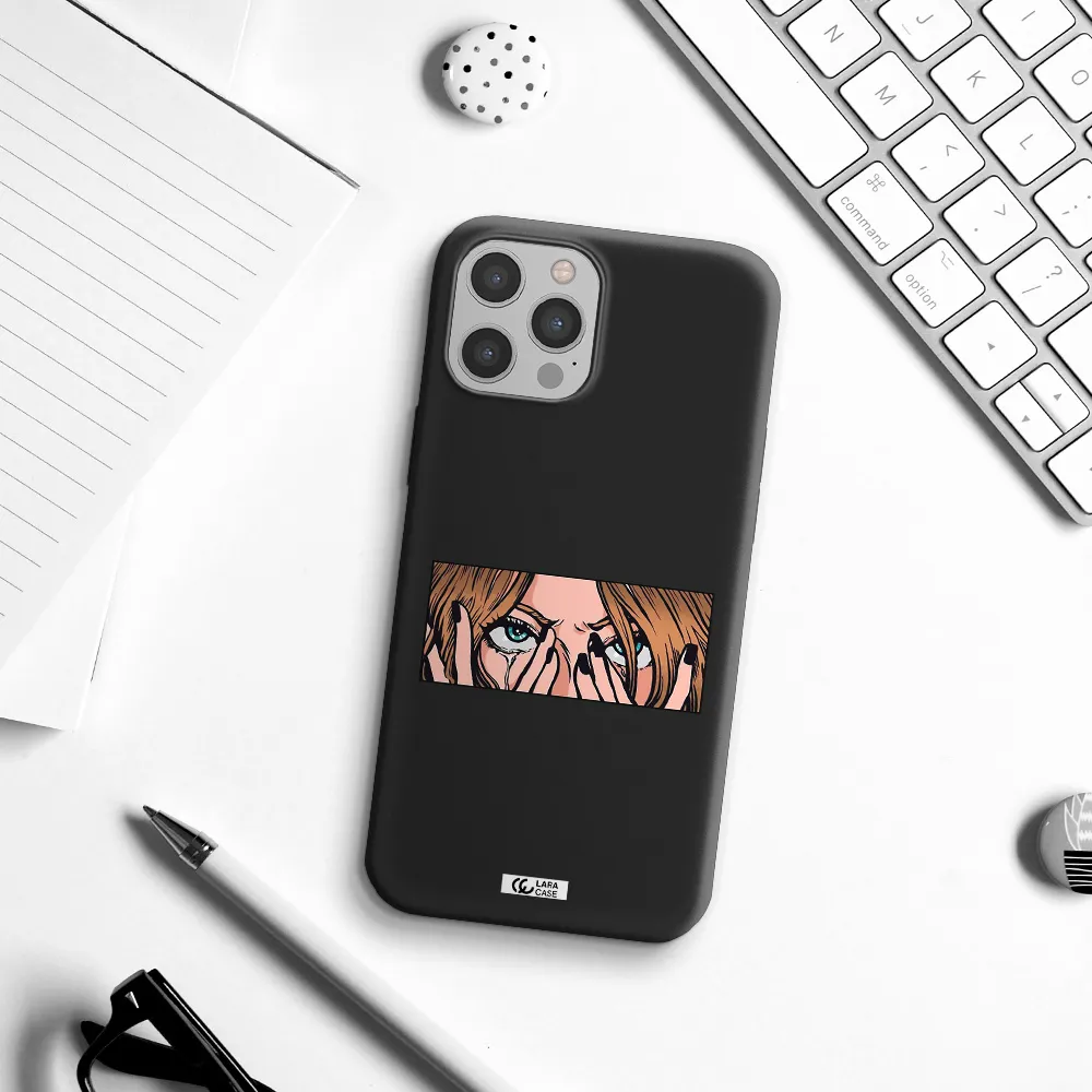 a cartoon of a woman holding her eyes Apple iPhone 12 pro Silicone black Case