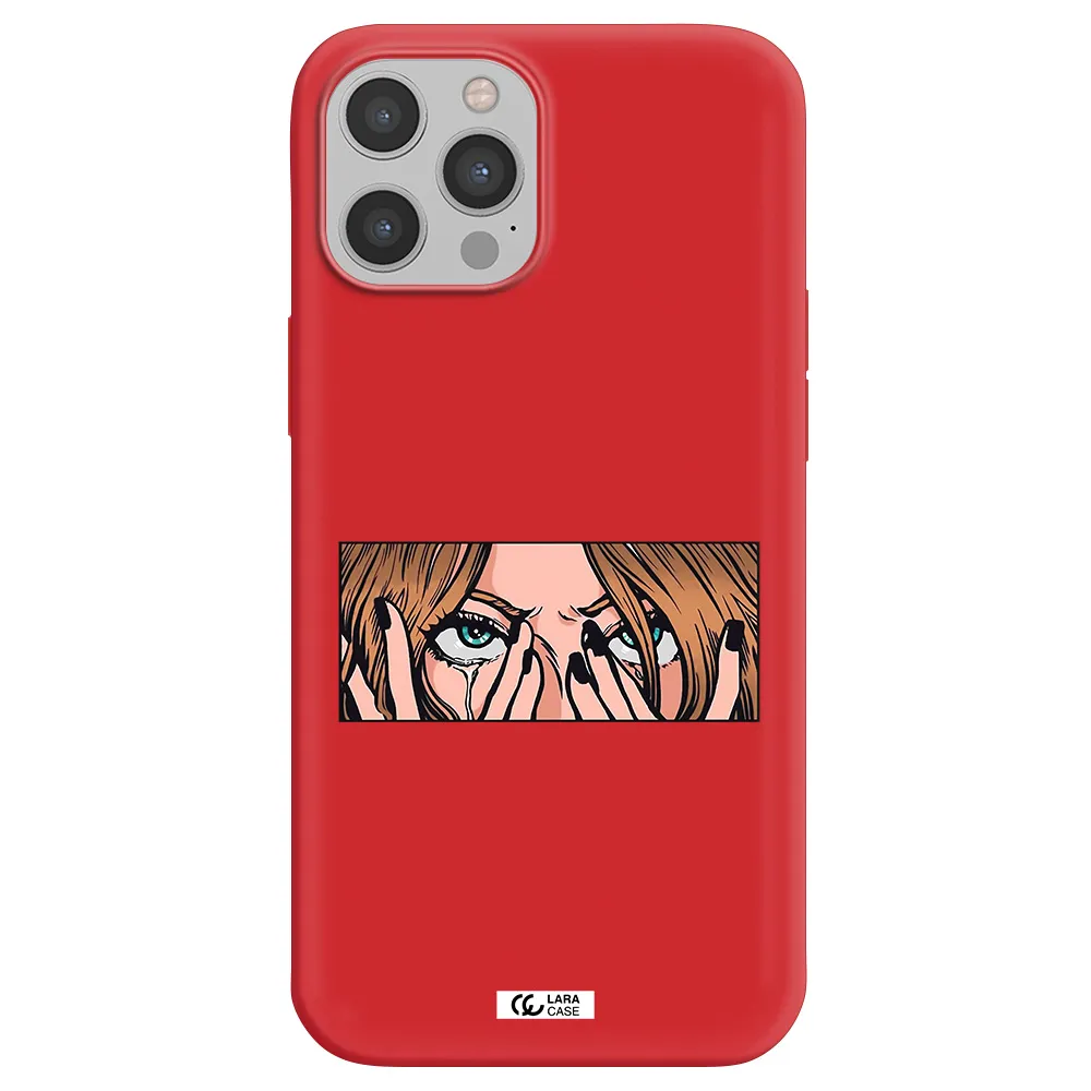 a cartoon of a woman holding her eyes Apple iPhone 12 pro Silicone Imperial Red Case