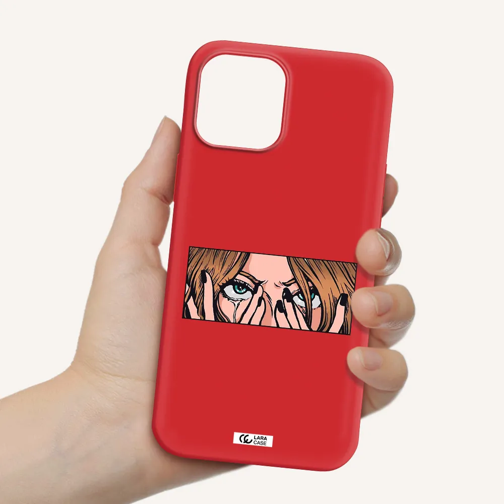 a cartoon of a woman holding her eyes Apple iPhone 12 pro Silicone Imperial Red Case