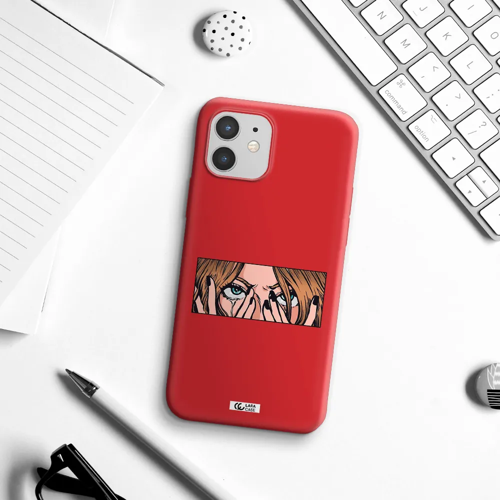 a cartoon of a woman holding her eyes Apple iPhone 12 Silicone Imperial Red Case