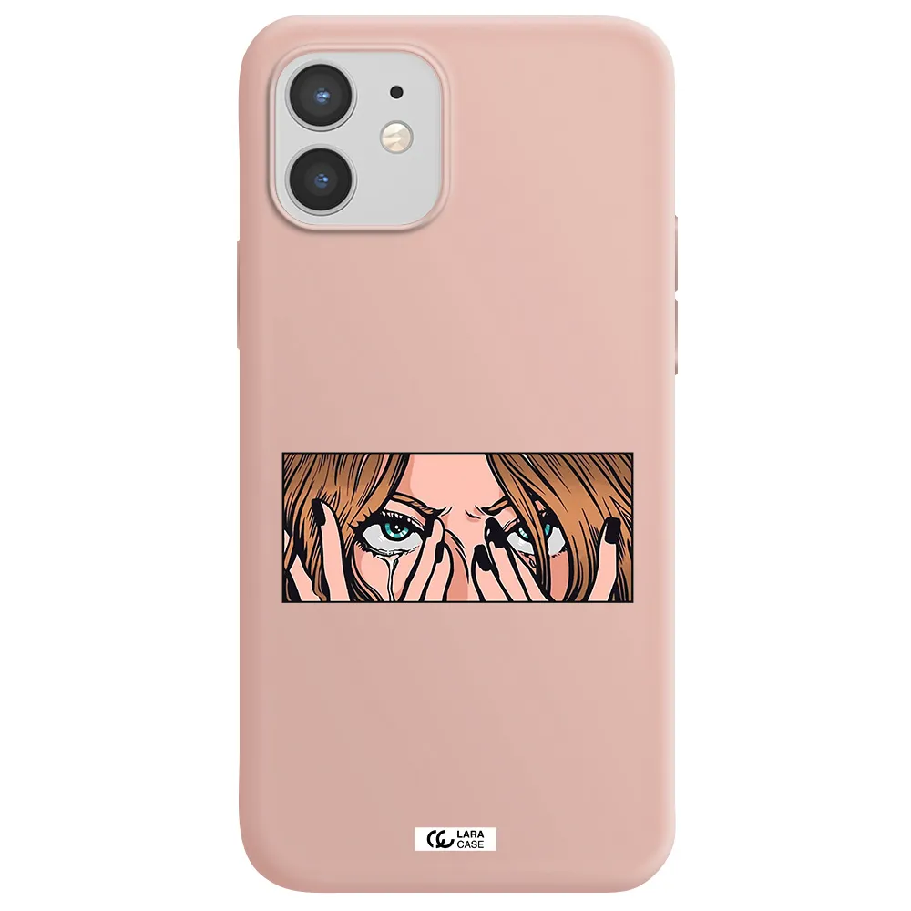 a cartoon of a woman holding her eyes Apple iPhone 12 Silicone pastel pink Case