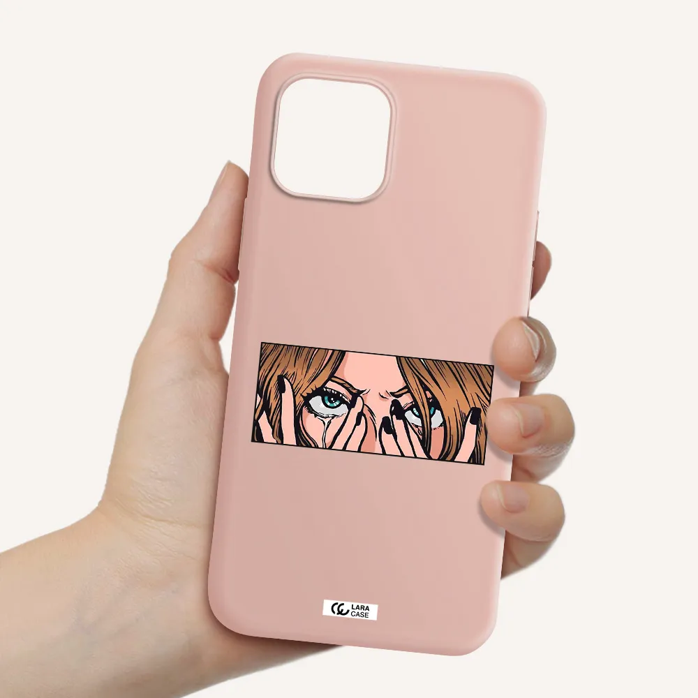 a cartoon of a woman holding her eyes Apple iPhone 12 Silicone pastel pink Case
