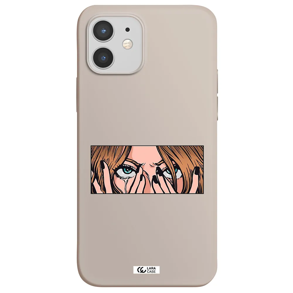 a cartoon of a woman holding her eyes Apple iPhone 12 Silicone Stone Case