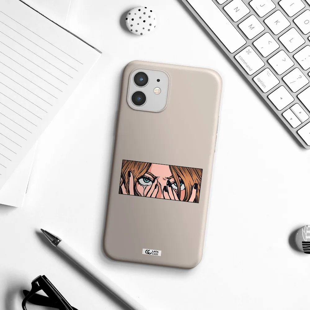 a cartoon of a woman holding her eyes Apple iPhone 12 Silicone Stone Case