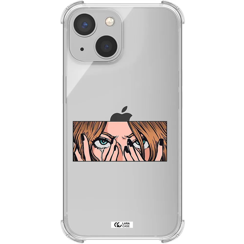a cartoon of a woman holding her eyes Apple iPhone 13 Clear PC Case