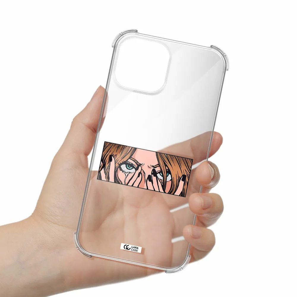 a cartoon of a woman holding her eyes Apple iPhone 13 Clear PC Case