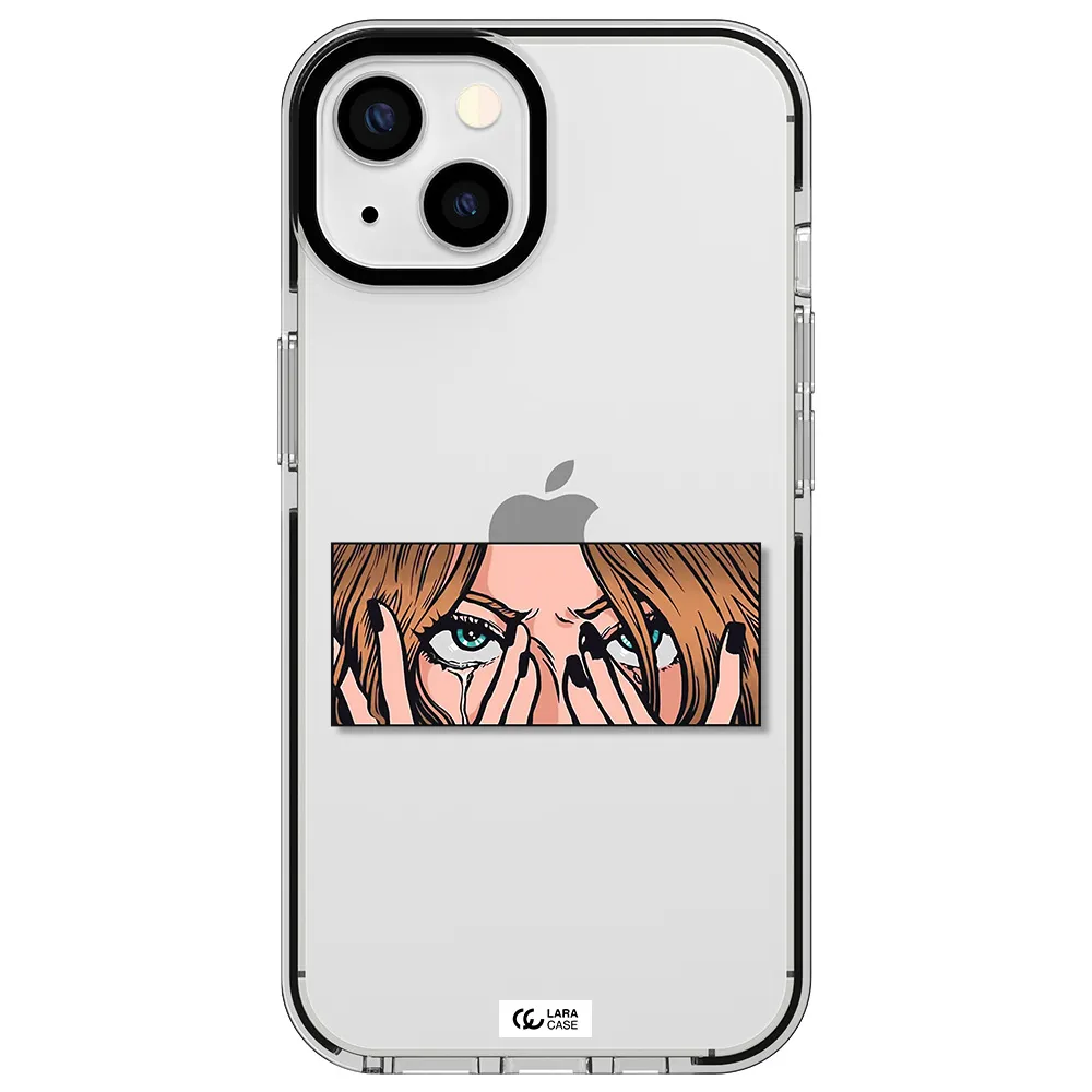 a cartoon of a woman holding her eyes Apple iPhone 13 impact black border Case