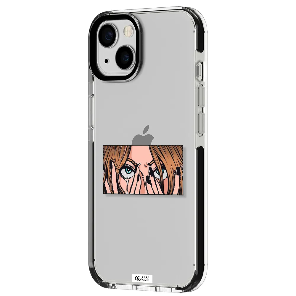 a cartoon of a woman holding her eyes Apple iPhone 13 impact black border Case