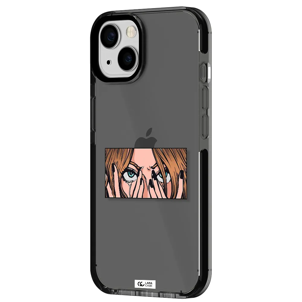 a cartoon of a woman holding her eyes Apple iPhone 13 impact Smoke Black Case