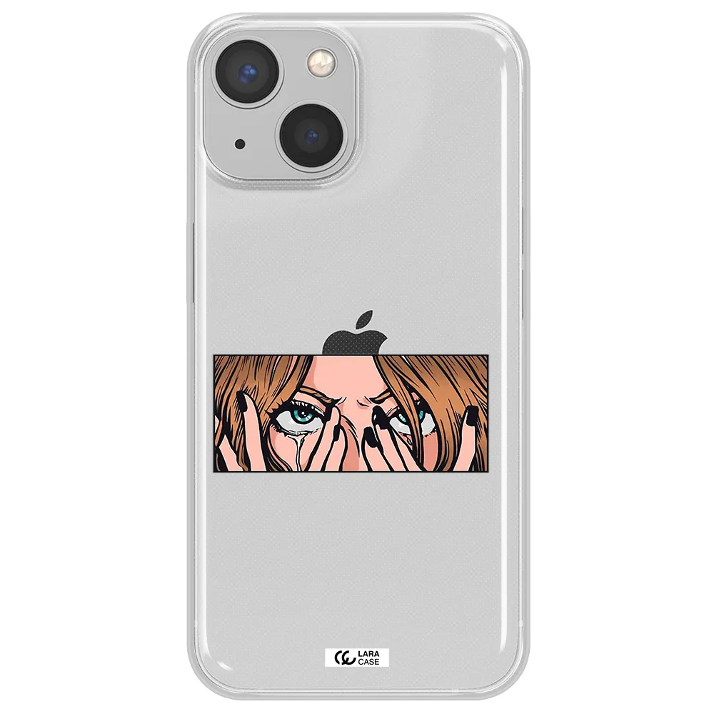 a cartoon of a woman holding her eyes Apple iPhone 13 mini Clear TPU Case