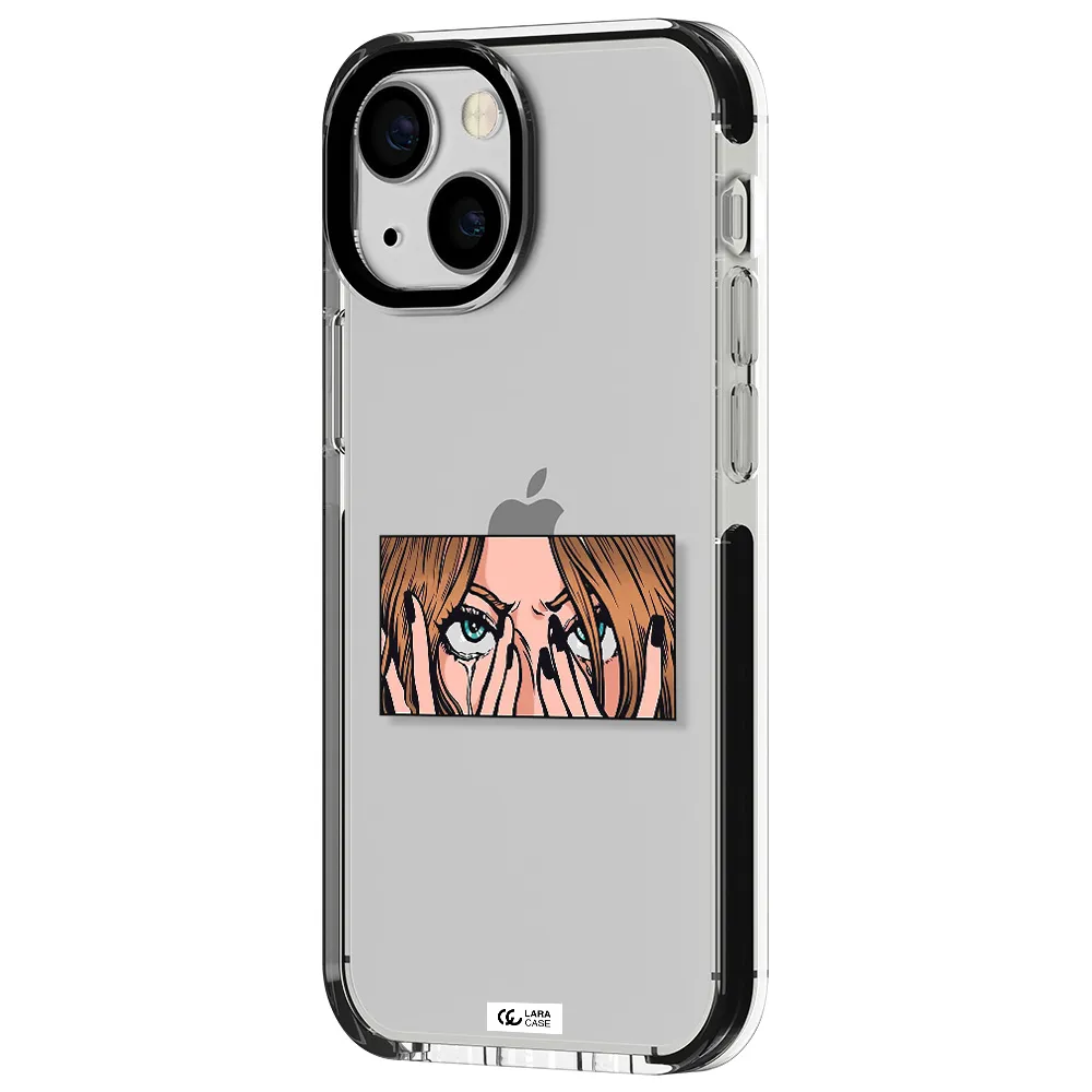 a cartoon of a woman holding her eyes Apple iPhone 13 mini impact black border Case