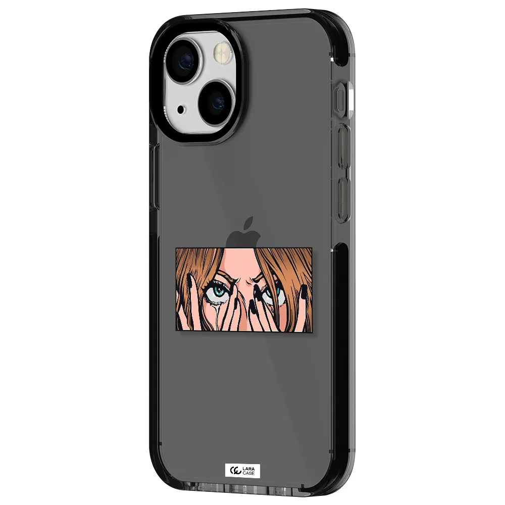 a cartoon of a woman holding her eyes Apple iPhone 13 mini impact Smoke Black Case