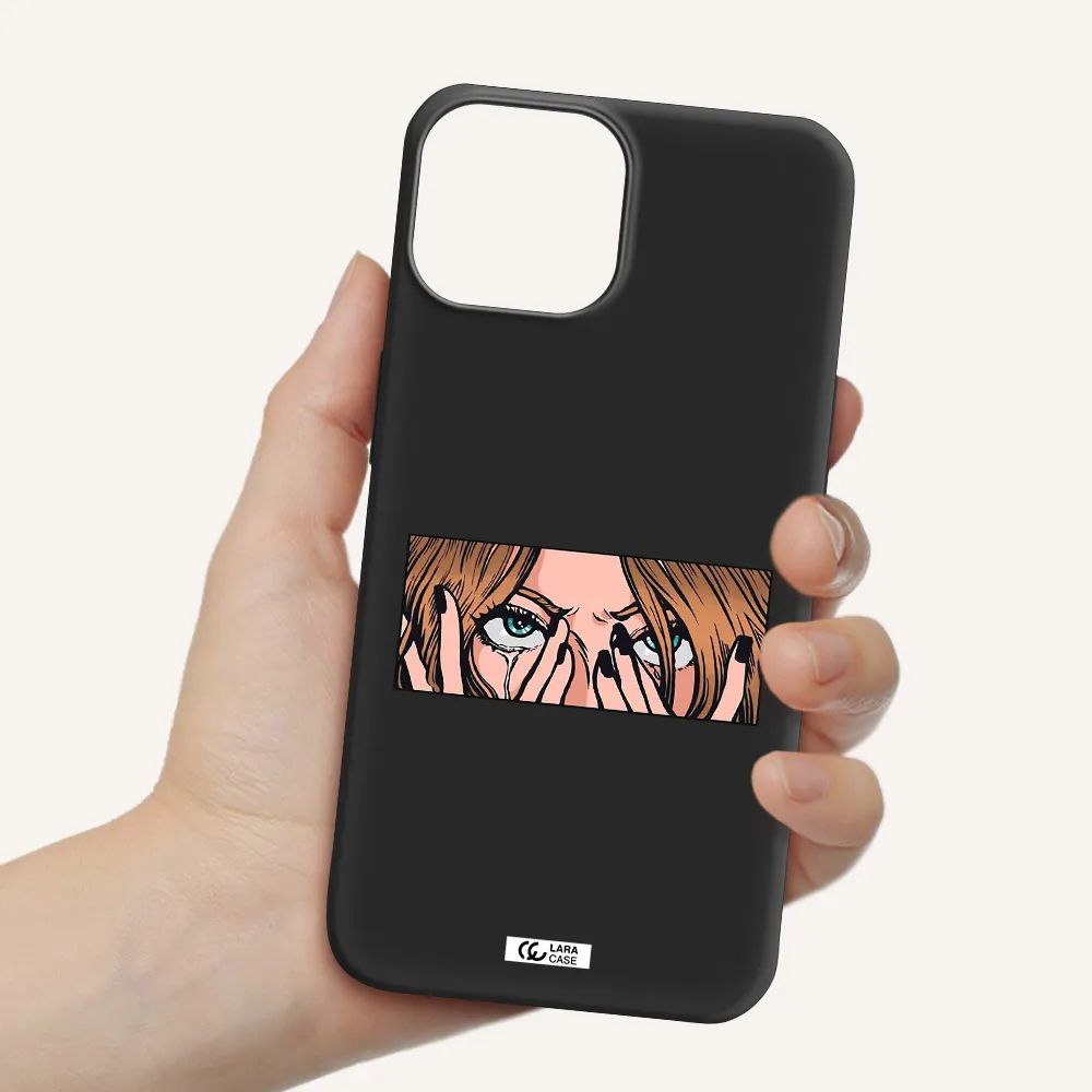 a cartoon of a woman holding her eyes Apple iPhone 13 mini Silicone black Case