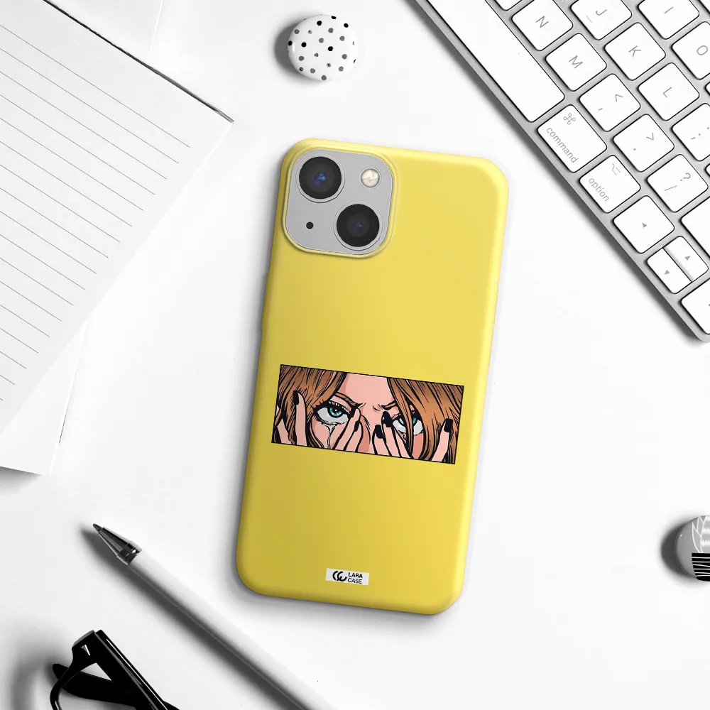 a cartoon of a woman holding her eyes Apple iPhone 13 mini Silicone canary yellow Case
