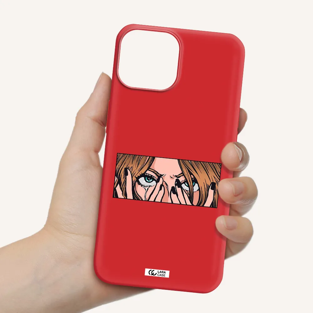 a cartoon of a woman holding her eyes Apple iPhone 13 mini Silicone Imperial Red Case