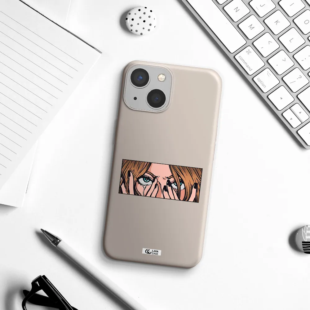 a cartoon of a woman holding her eyes Apple iPhone 13 mini Silicone Stone Case