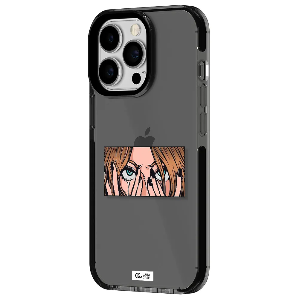a cartoon of a woman holding her eyes Apple iPhone 13 Pro impact Smoke Black Case