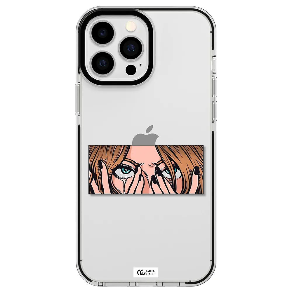 a cartoon of a woman holding her eyes Apple iPhone 13 Pro Max impact black border Case