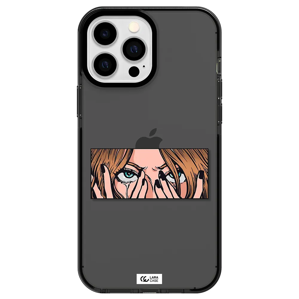a cartoon of a woman holding her eyes Apple iPhone 13 Pro Max impact Smoke Black Case