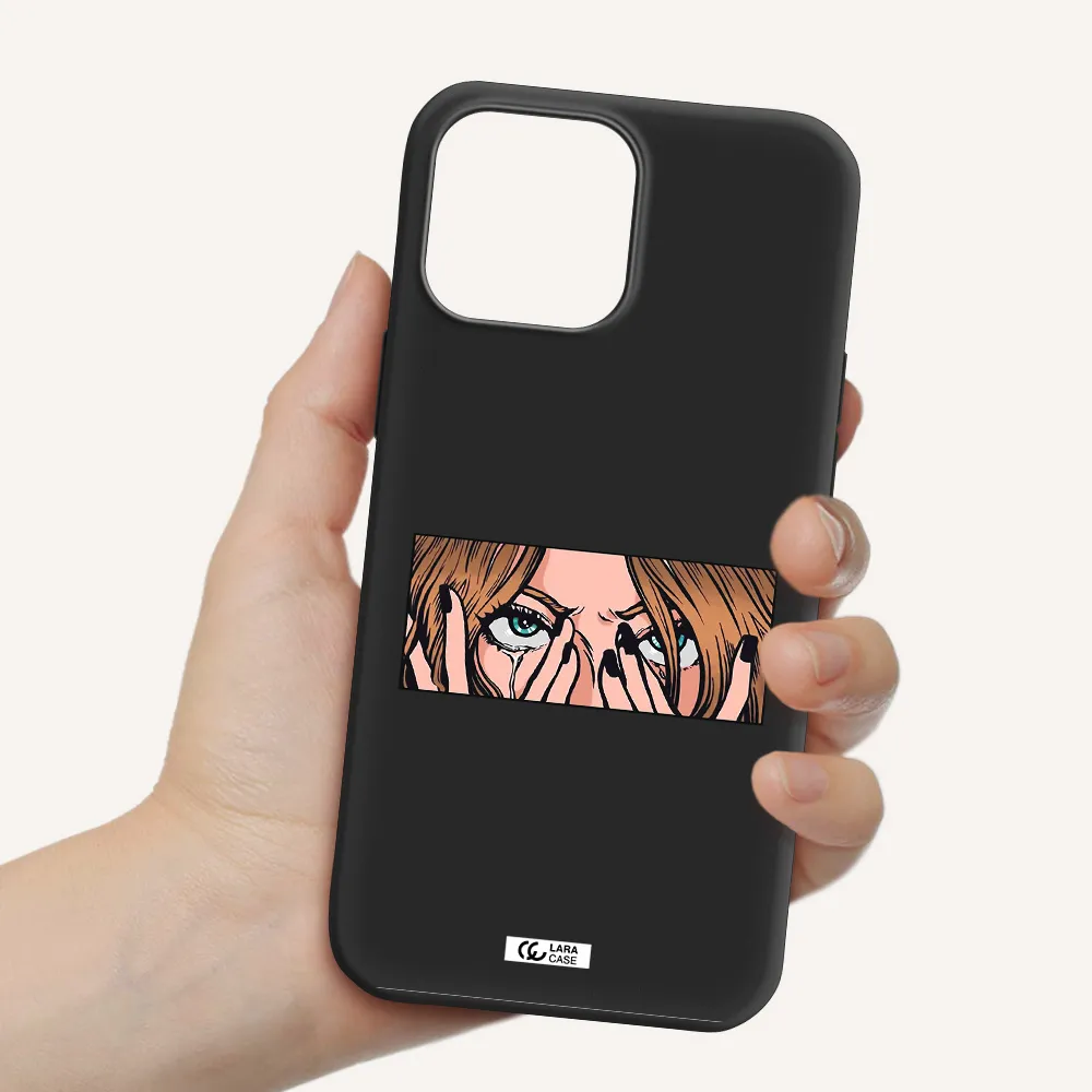 a cartoon of a woman holding her eyes Apple iPhone 13 Pro Max Silicone black Case