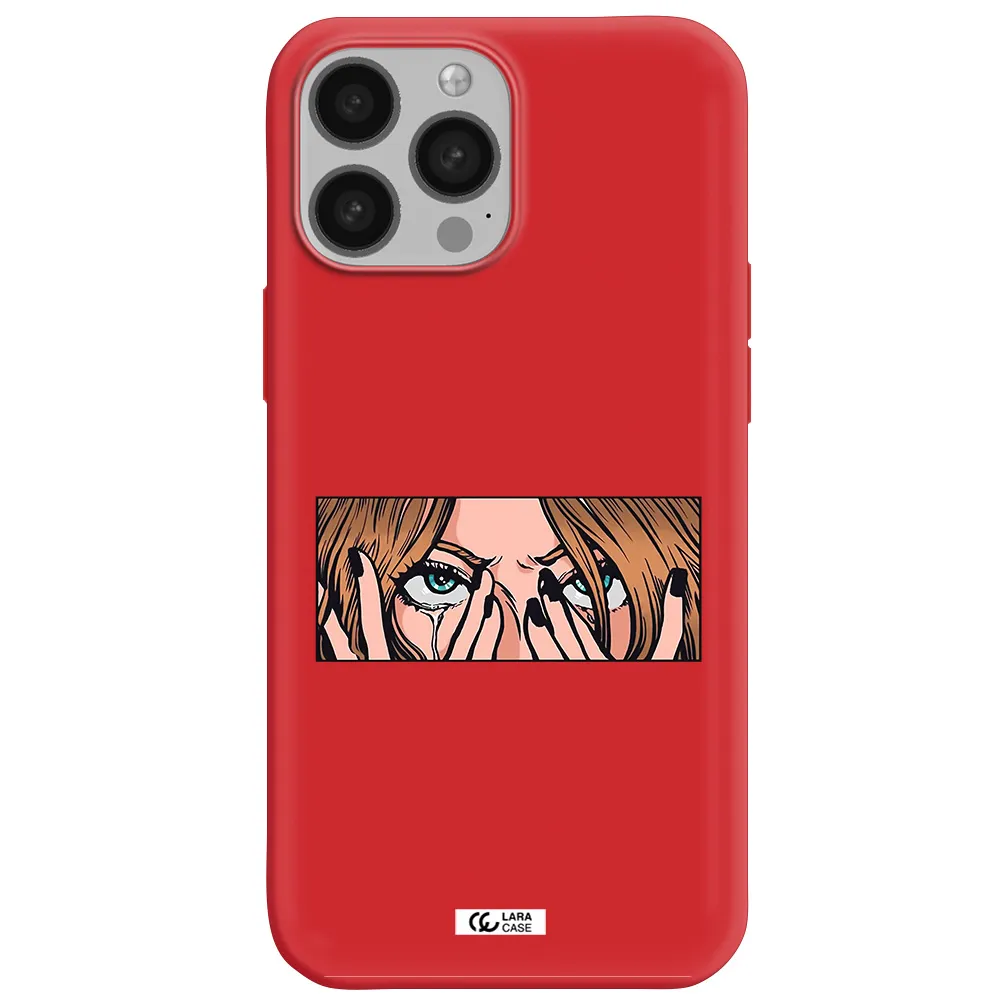 a cartoon of a woman holding her eyes Apple iPhone 13 Pro Max Silicone Imperial Red Case