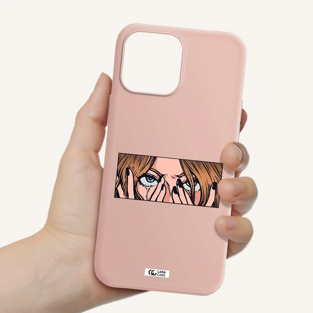 a cartoon of a woman holding her eyes Apple iPhone 13 Pro Max Silicone pastel pink Case