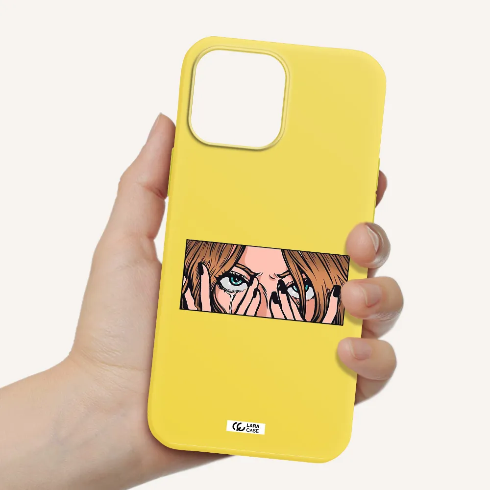 a cartoon of a woman holding her eyes Apple iPhone 13 Pro Silicone canary yellow Case